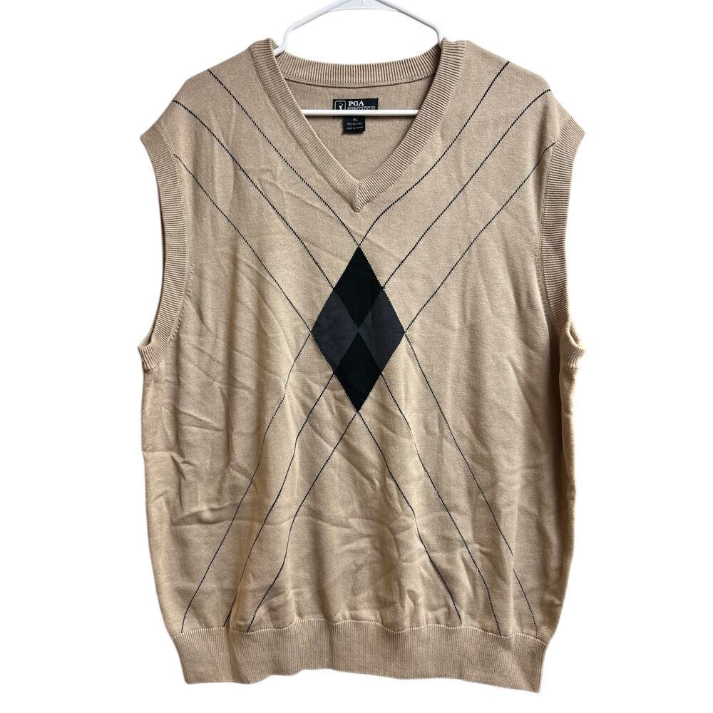 PGA Tour Men's Golf Argyle Vest Beige Cotton XL